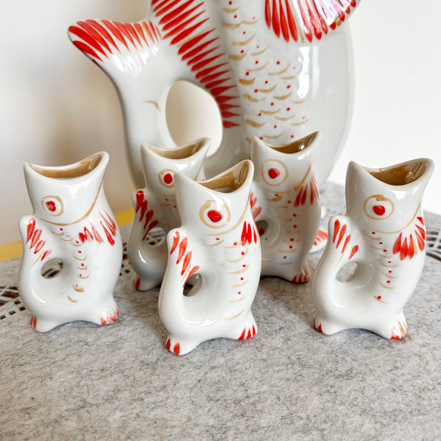 Vintage Fish Decanter Set Soviet Carp Family Baramidze Ceramic Liquor Set 5 Cups USSR Mid Century Kitsch Barware Gift - 008