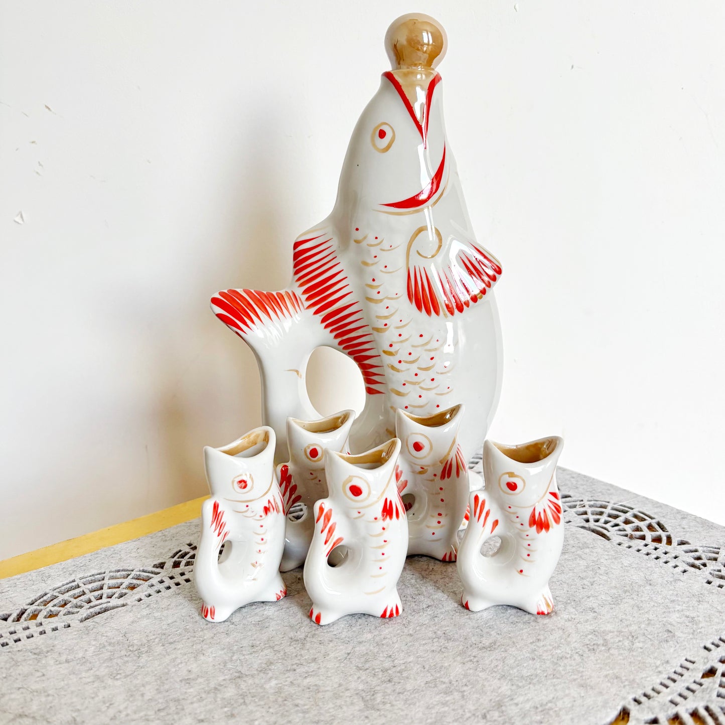 Vintage Fish Decanter Set Soviet Carp Family Baramidze Ceramic Liquor Set 5 Cups USSR Mid Century Kitsch Barware Gift - 008