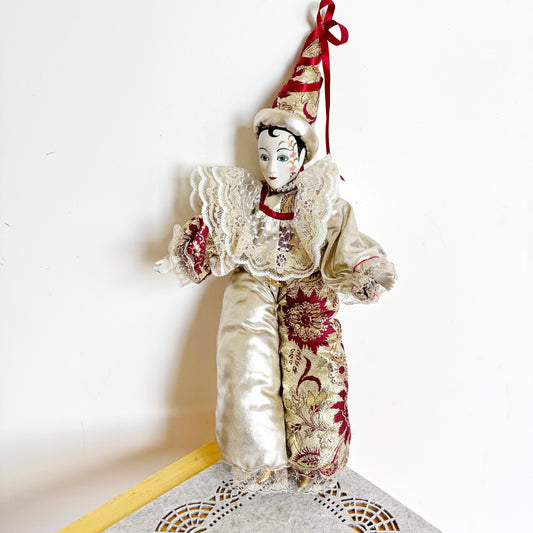 Vintage Pierrot Porcelain Doll Venetian Style Harlequin Clown Lace Costume Poseable Sitting 44 cm Collectible Germany
