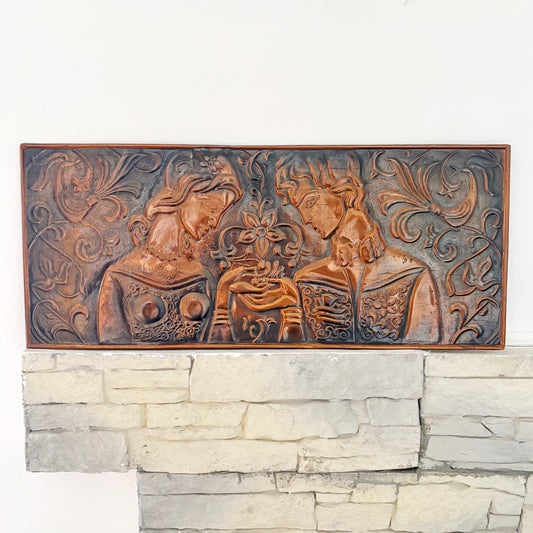 Vintage Hammered Copper Wall Art Youth 1976 | Mid Century Figurative Metal Relief Panel | Boho Romantic Wall Decor