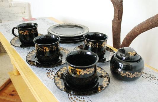 Vintage beautiful Black with golden flowers Porcelain Tea Set - made in Germany - 1980s