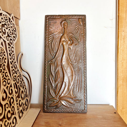 Vintage Copper Embossed Wall Art Plaque Female Figure Metal Relief Hanging Mid Century Boho Decorative Panel 1970s Soviet Era