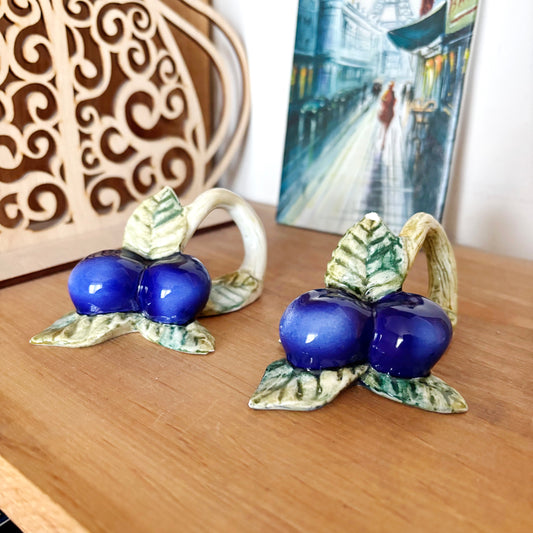 Vintage Tilia West Germany Porcelain Napkin Rings Pair, Blue Berry Ceramic Table Decor, Collectible Figural Serviette Holders