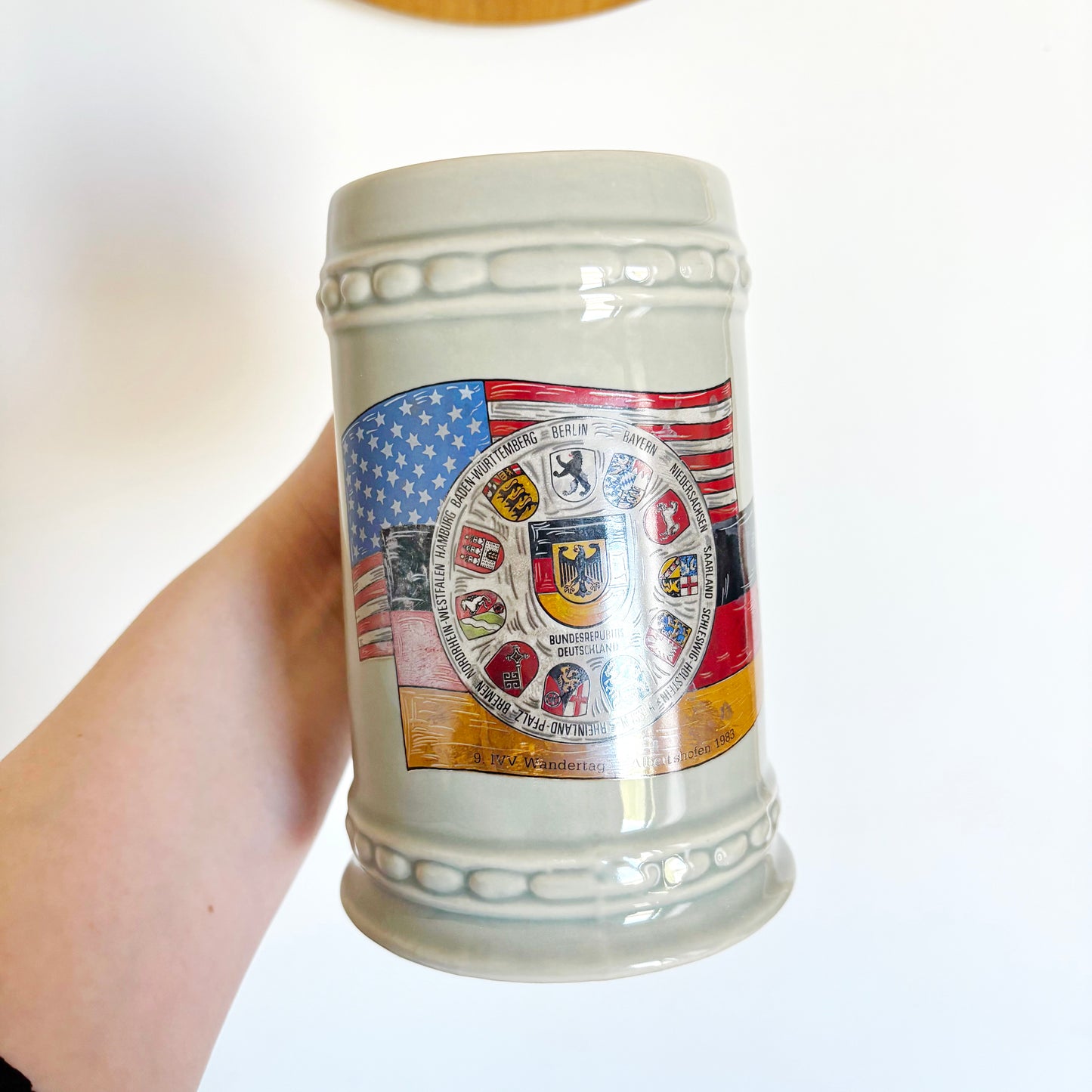 Vintage 1983 German Beer Stein Albertshofen IVV Wandertag Mug, West Germany Commemorative Ceramic Bierkrug Souvenir
