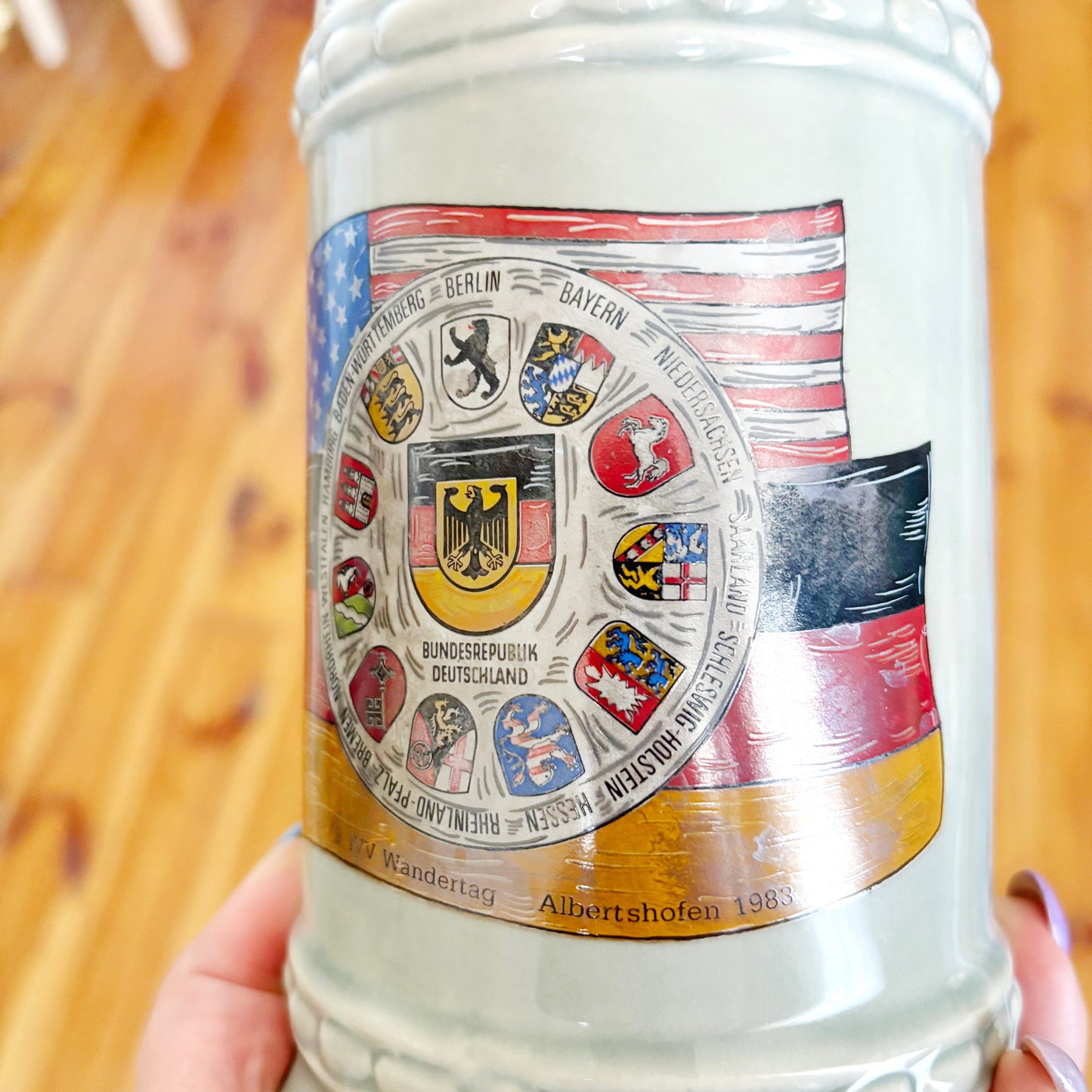 Vintage 1983 German Beer Stein Albertshofen IVV Wandertag Mug, West Germany Commemorative Ceramic Bierkrug Souvenir