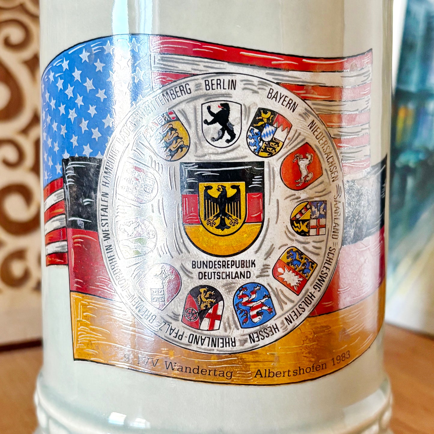 Vintage 1983 German Beer Stein Albertshofen IVV Wandertag Mug, West Germany Commemorative Ceramic Bierkrug Souvenir