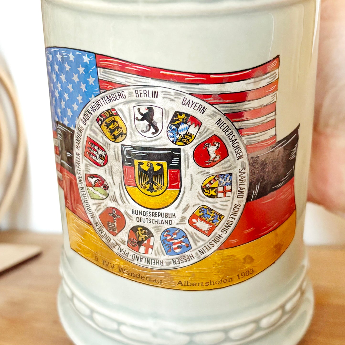 Vintage 1983 German Beer Stein Albertshofen IVV Wandertag Mug, West Germany Commemorative Ceramic Bierkrug Souvenir