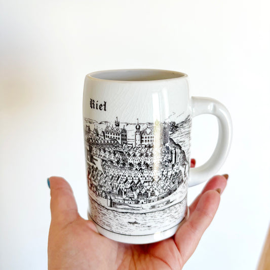 Vintage Kiel Germany Porcelain Mug Altenkunstadt Cityscape Beer Stein Black White Harbor Cup 1970s German Decor