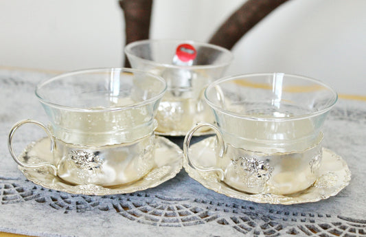 Set of 3 Versilbert vintage tea/coffee glasses in a cup holder - made in Germany - 1980s - Europe vintage