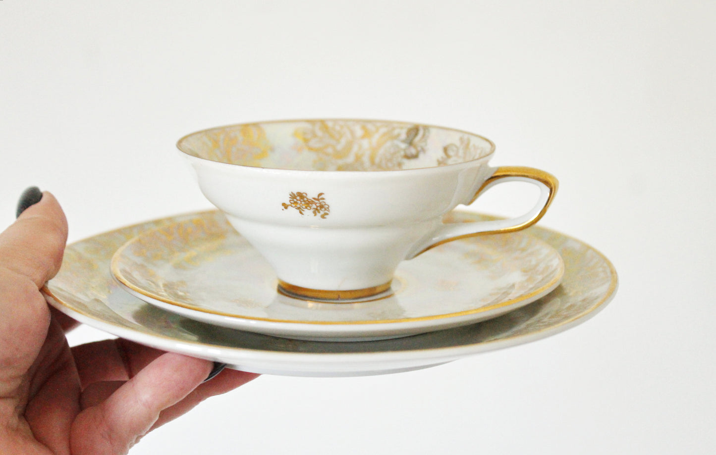 Set of cup, saucer and plate with golden ornament - Germany vintage tea set - rare tea/coffee trio set - 1980s