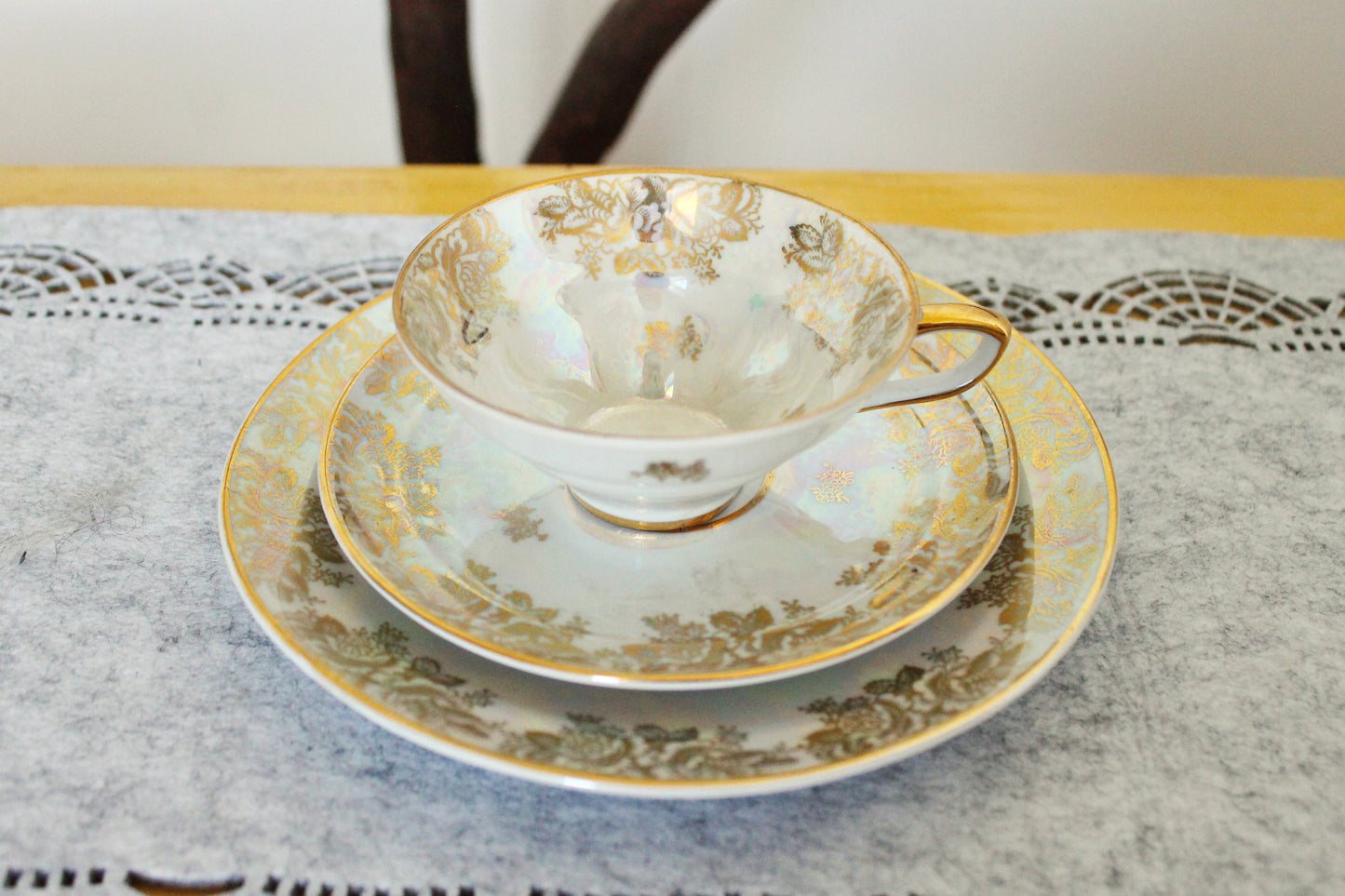 Set of cup, saucer and plate with golden ornament - Germany vintage tea set - rare tea/coffee trio set - 1980s