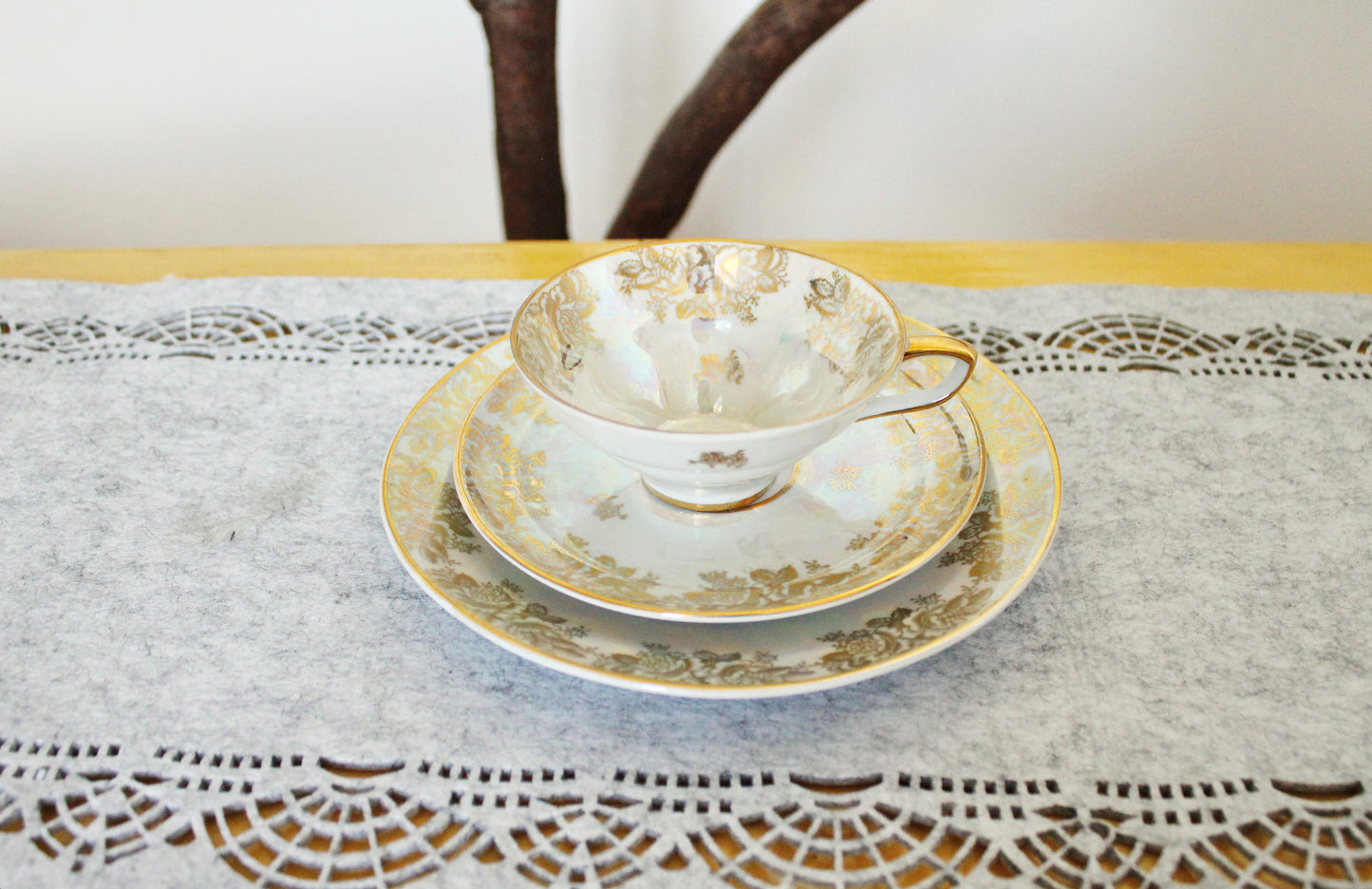 Set of cup, saucer and plate with golden ornament - Germany vintage tea set - rare tea/coffee trio set - 1980s