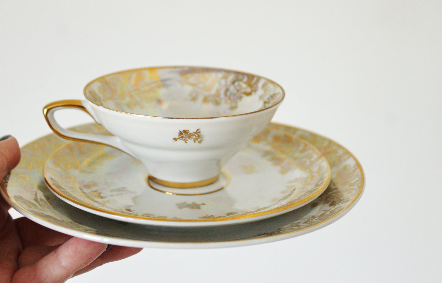 Set of cup, saucer and plate with golden ornament - Germany vintage tea set - rare tea/coffee trio set - 1980s