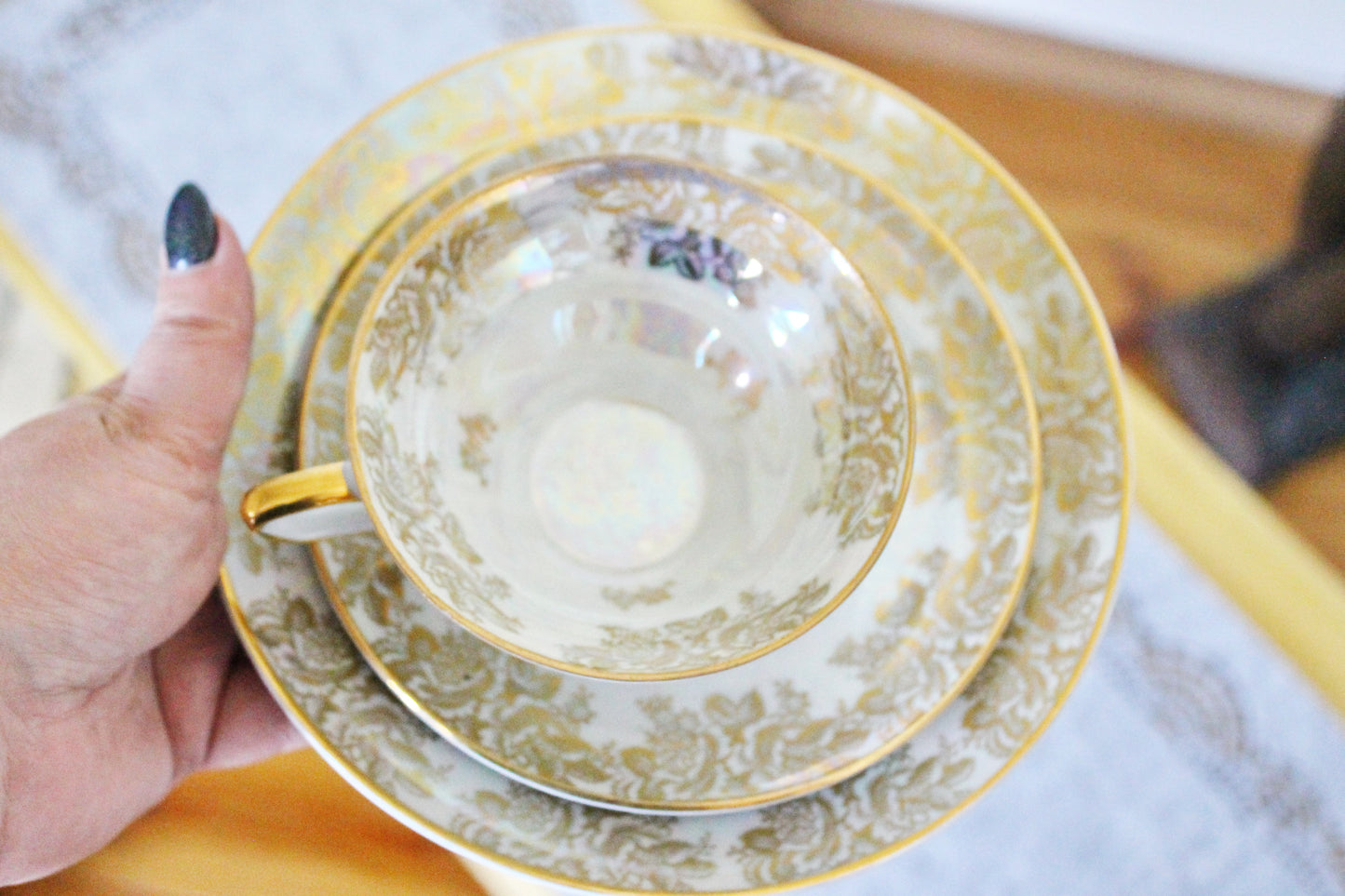 Set of cup, saucer and plate with golden ornament - Germany vintage tea set - rare tea/coffee trio set - 1980s