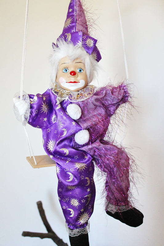 Vintage doll with porcelain face - 22.3 inches - Clown on the swing - Hanging toy - Hand painting. Germany. 1970-1980s