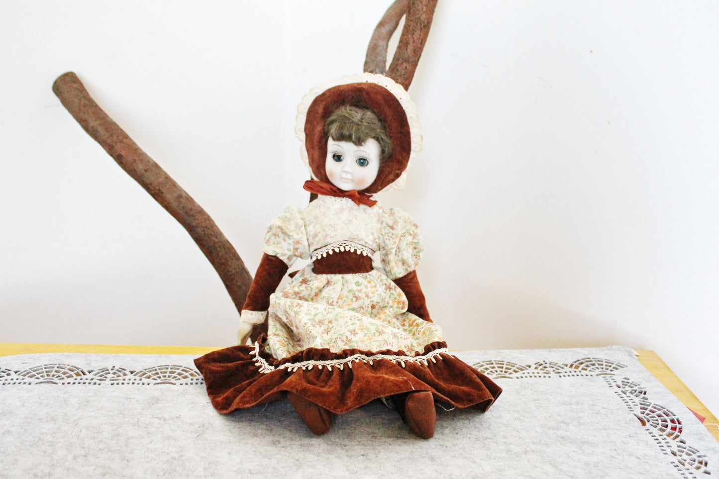 Vintage porcelain Germany cute doll in a flower dress and a hat - 17 inches - Collectible doll - 1970-1980s