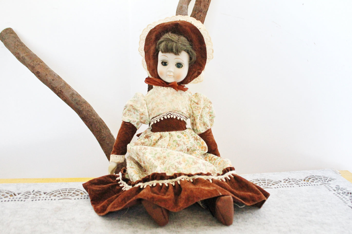 Vintage porcelain Germany cute doll in a flower dress and a hat - 17 inches - Collectible doll - 1970-1980s