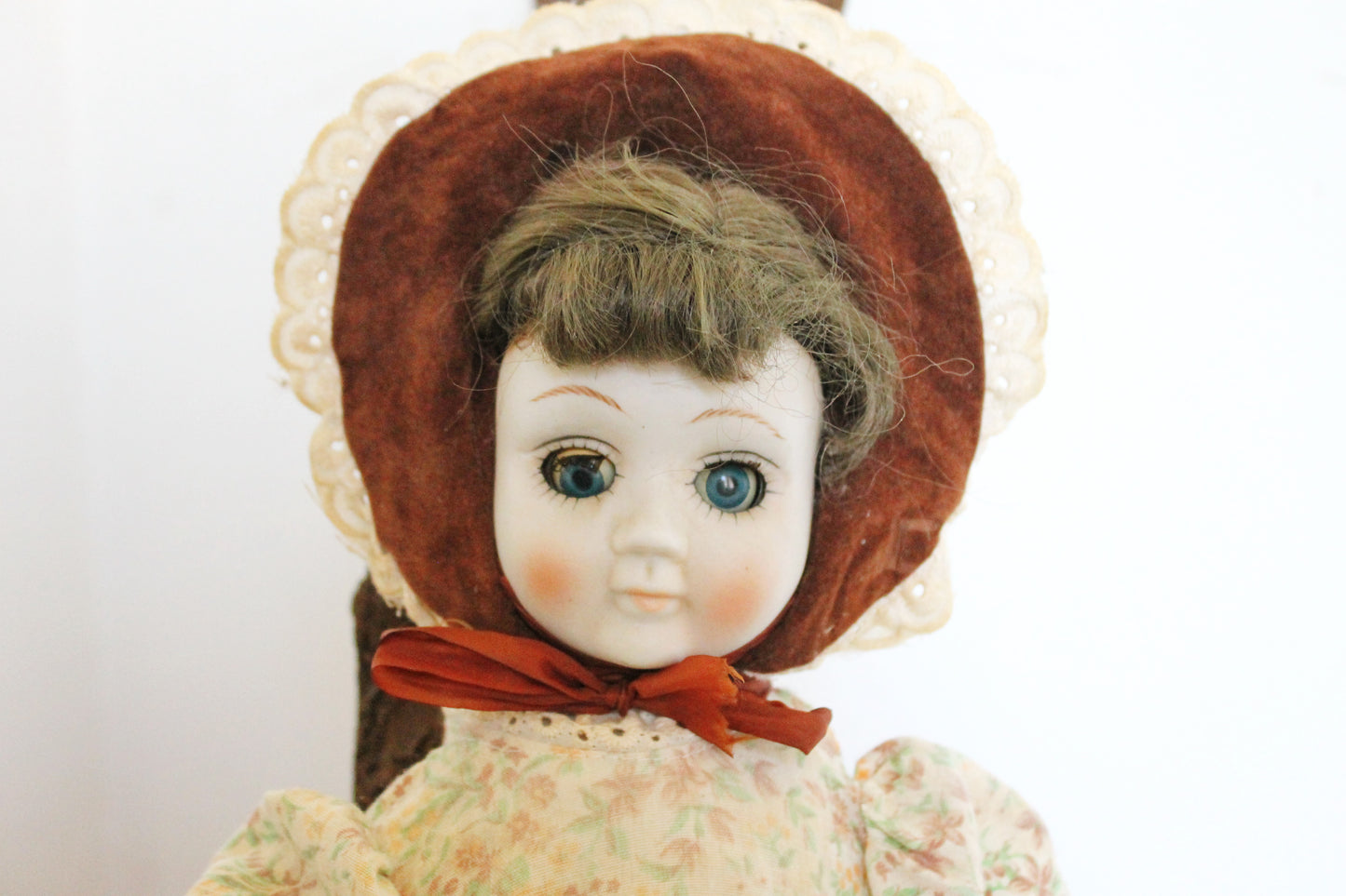 Vintage porcelain Germany cute doll in a flower dress and a hat - 17 inches - Collectible doll - 1970-1980s