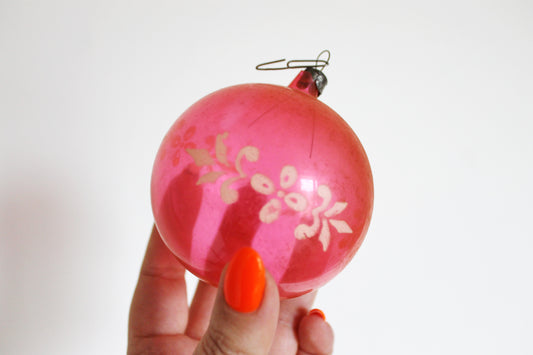 Christmas tree pink ball ornament 3.1 inches - Soviet vintage - Christmas - New Year Glass Ornament, Made in USSR - 1970s