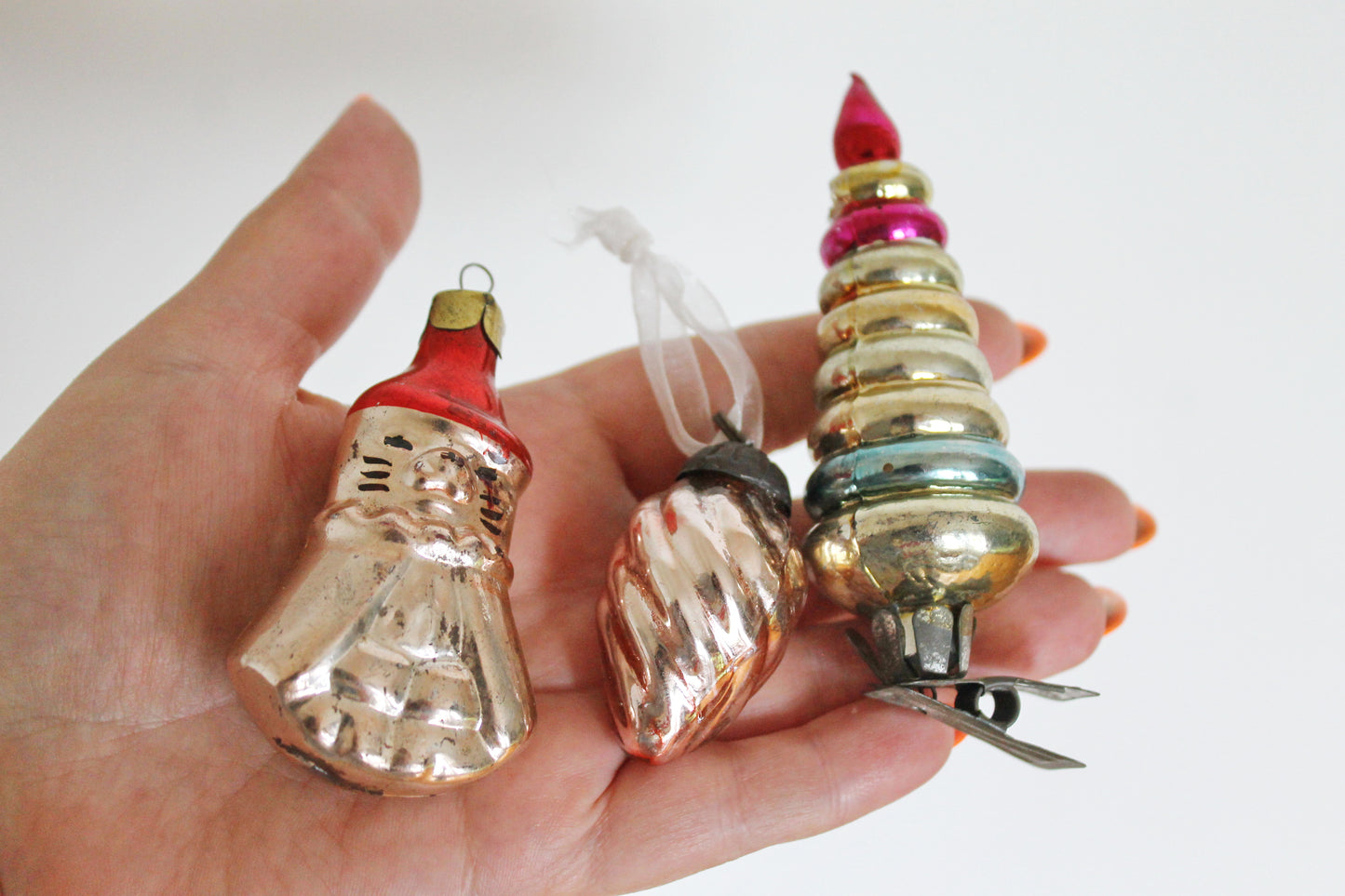 Set of three Christmas tree toys - USSR New Year - New Year Glass Ornament - 1950-1960s (damaged)