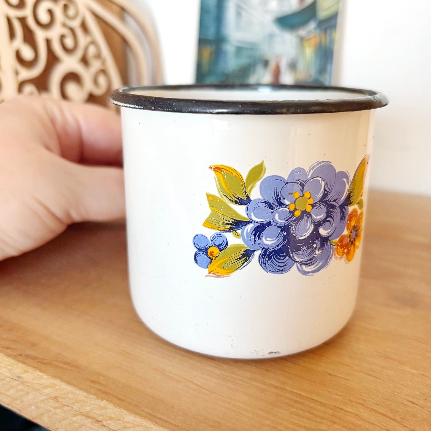 Vintage Enamel Mug Soviet Era Floral Cup 0.4L Ukrainian Kitchenware Rustic Farmhouse Camping Coffee Mug
