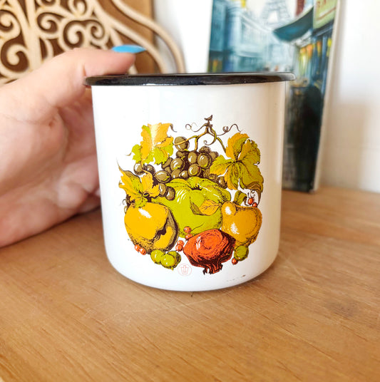 Vintage Enamel Mug Fruit Design Soviet Era Cup Ukrainian Kitchenware Rustic Farmhouse Coffee Mug 0.4L