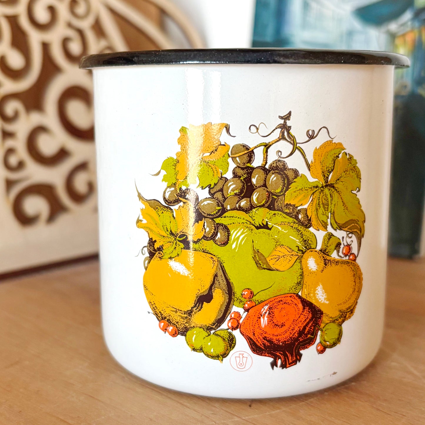 Vintage Enamel Mug Fruit Design Soviet Era Cup Ukrainian Kitchenware Rustic Farmhouse Coffee Mug 0.4L