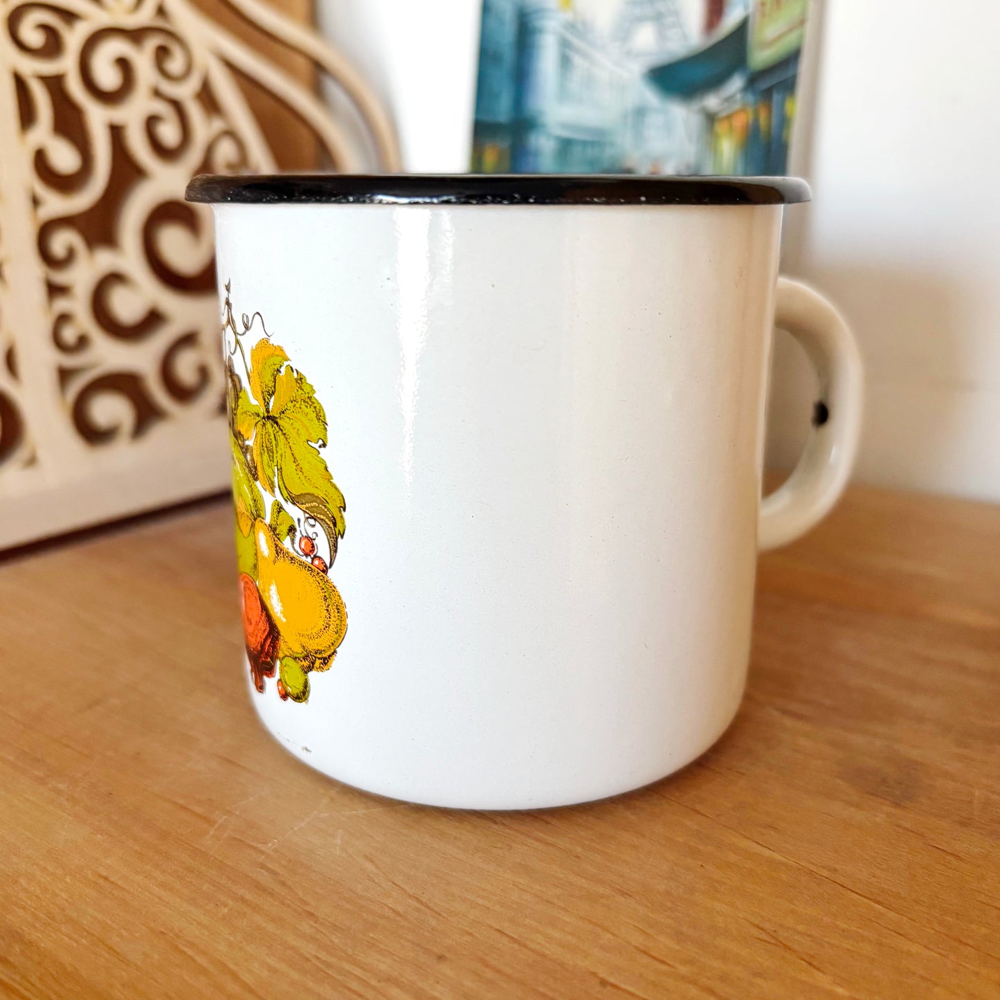 Vintage Enamel Mug Fruit Design Soviet Era Cup Ukrainian Kitchenware Rustic Farmhouse Coffee Mug 0.4L