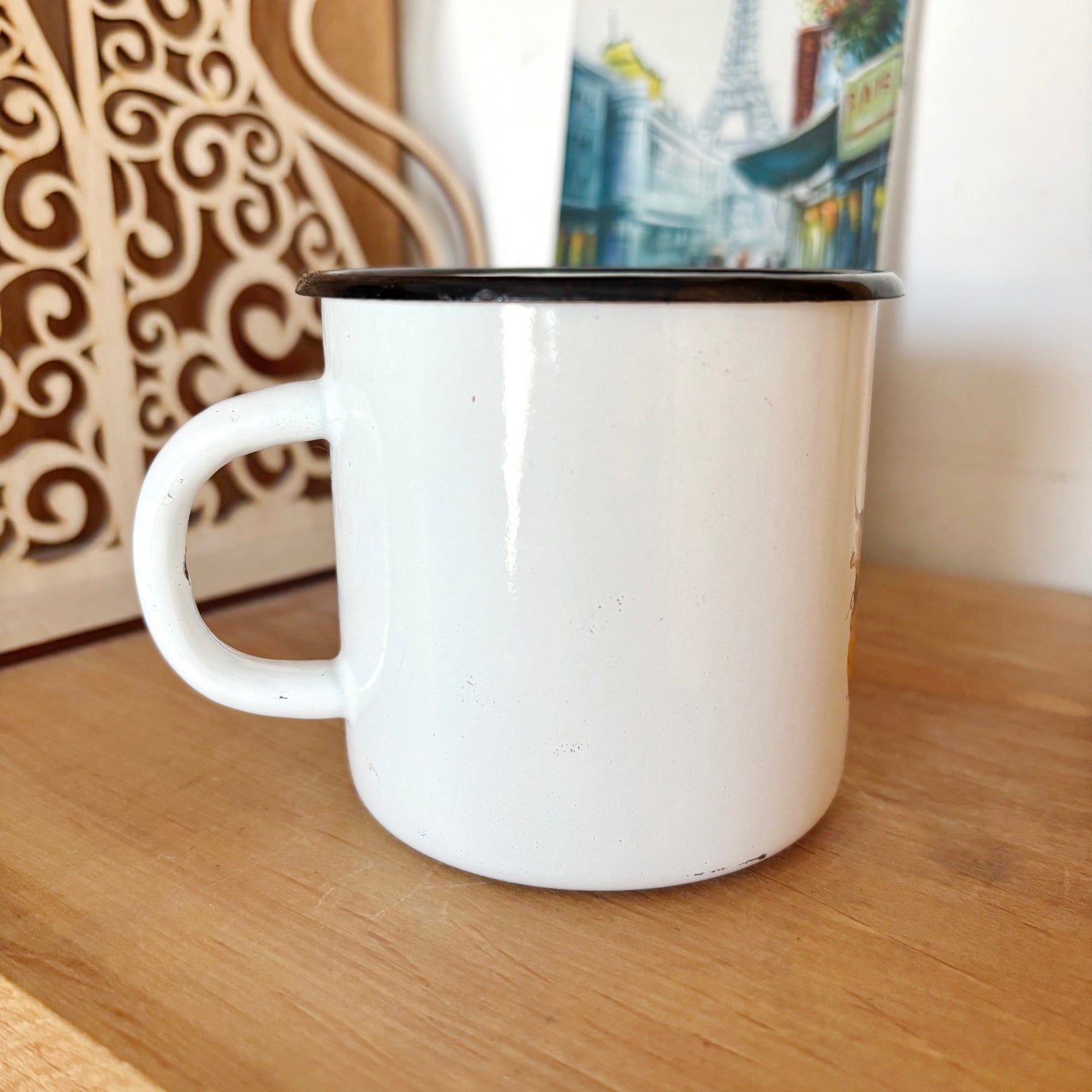 Vintage Enamel Mug Fruit Design Soviet Era Cup Ukrainian Kitchenware Rustic Farmhouse Coffee Mug 0.4L