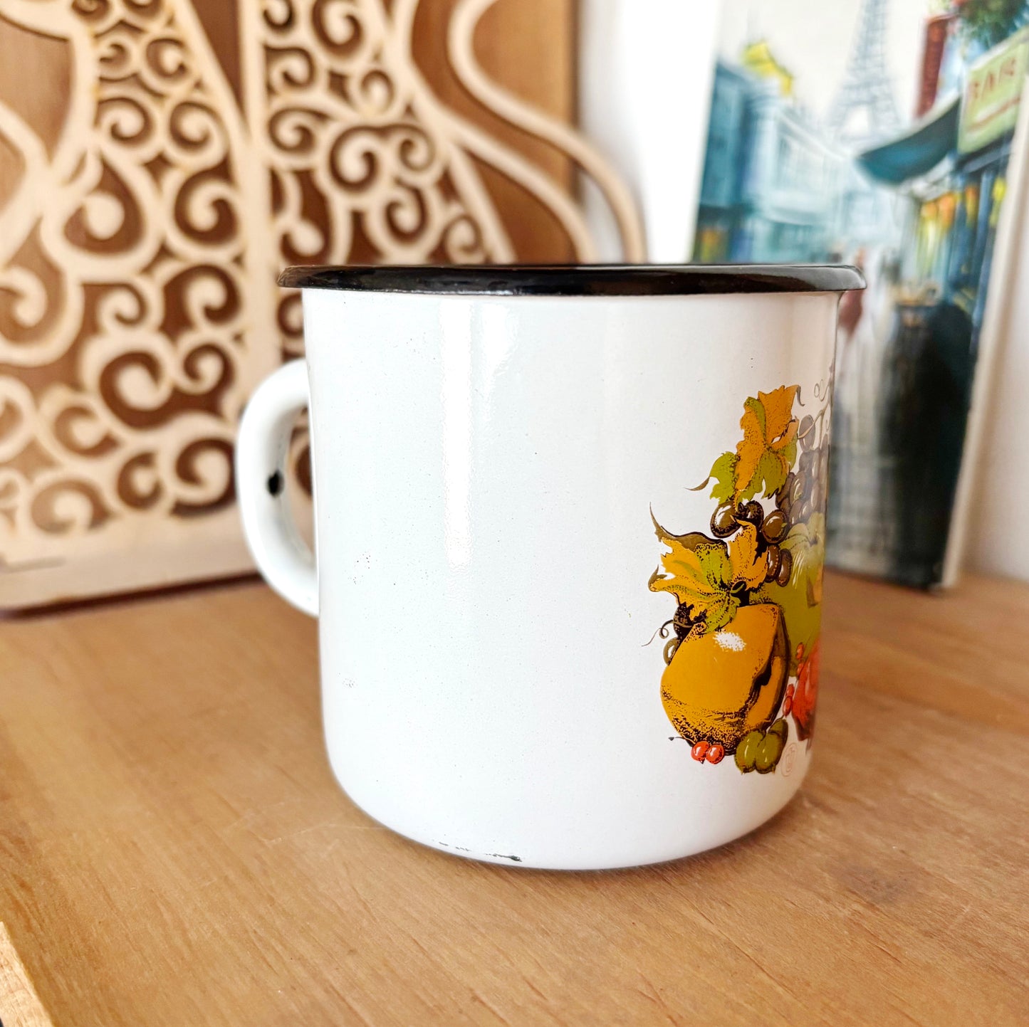 Vintage Enamel Mug Fruit Design Soviet Era Cup Ukrainian Kitchenware Rustic Farmhouse Coffee Mug 0.4L