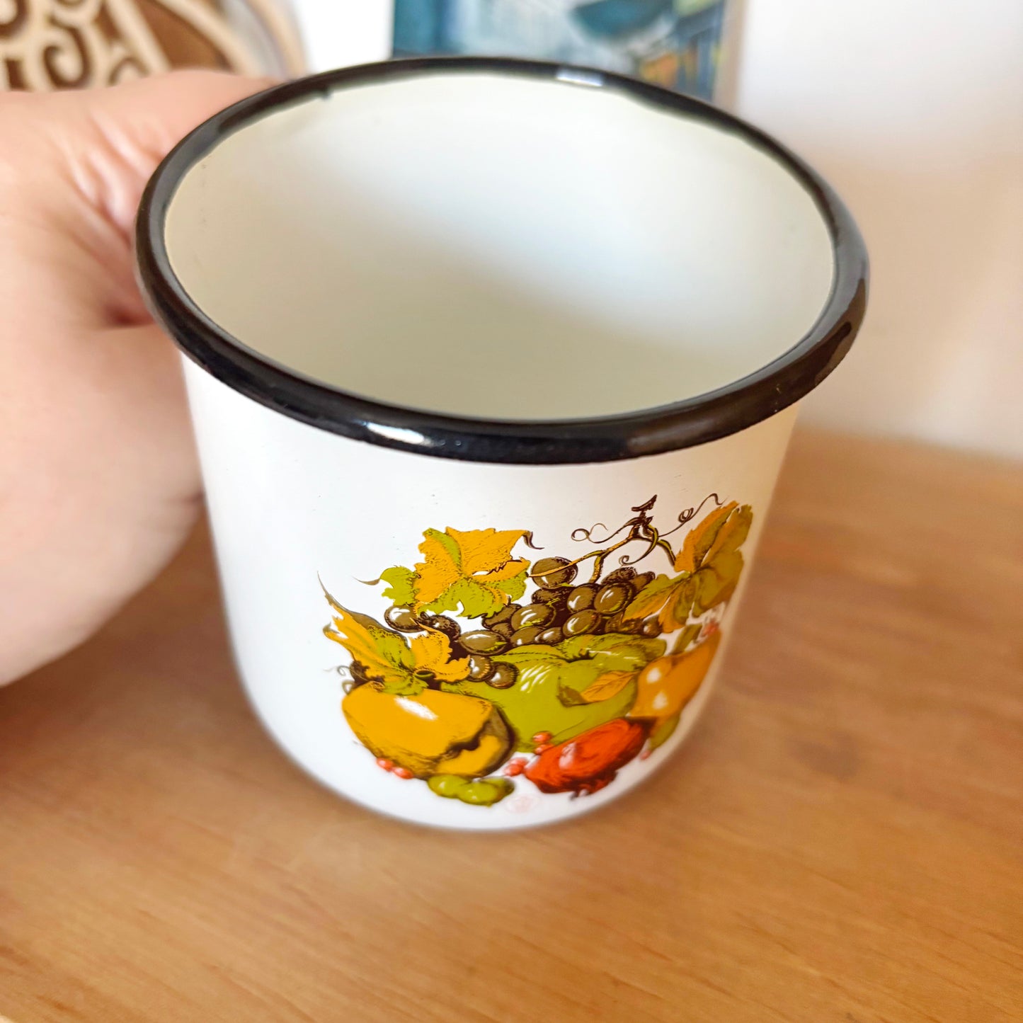 Vintage Enamel Mug Fruit Design Soviet Era Cup Ukrainian Kitchenware Rustic Farmhouse Coffee Mug 0.4L