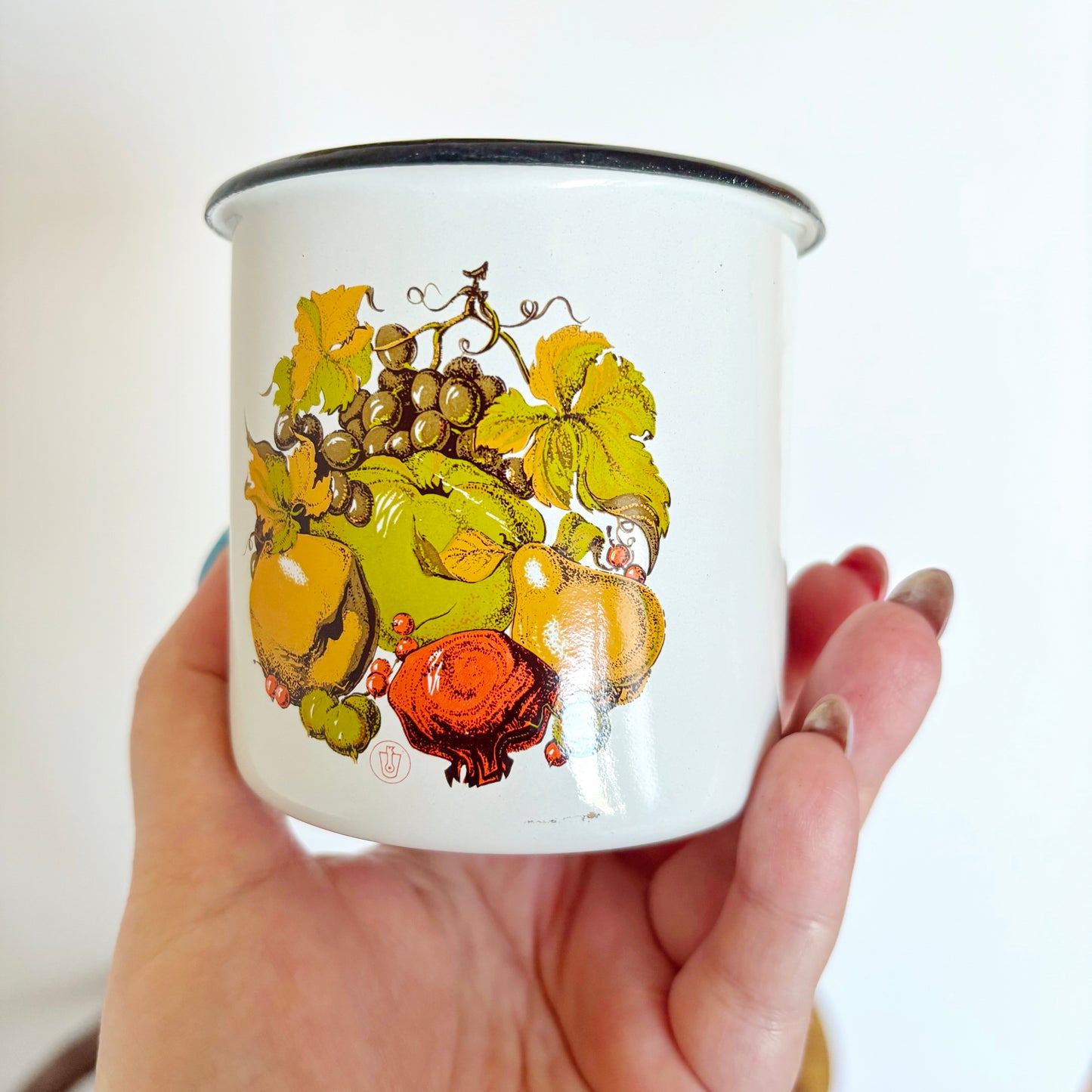 Vintage Enamel Mug Fruit Design Soviet Era Cup Ukrainian Kitchenware Rustic Farmhouse Coffee Mug 0.4L