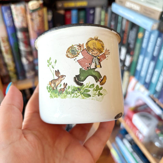 Vintage Enamel Kids Mug Soviet Era Metal Cup Childrens Camping Mug Bunny Illustration Retro Kitchen Decor