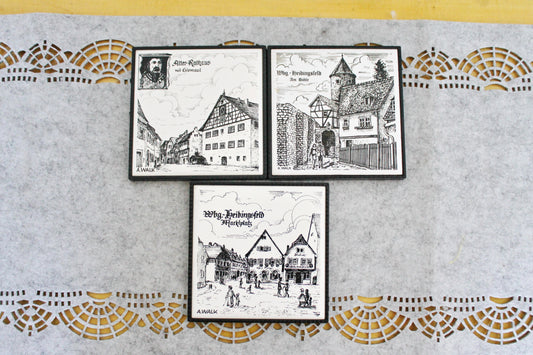 Set of 3 Villeroy & Boch Vintage decorative porcelain coaster/wall hanging 4.5 inches - illustrating Germany - made in France 1980s