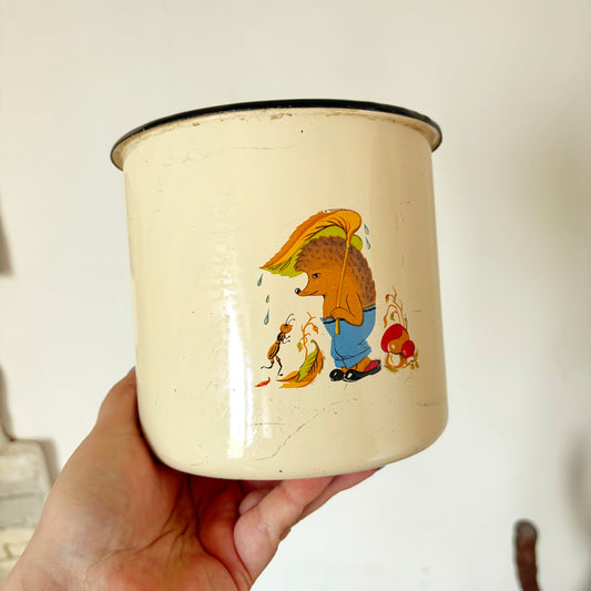 Vintage Enamel Storage Container With Hedgehog Illustration, Large 1L Soviet Kitchen Canister, Retro Nursery Decor