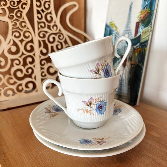 Vintage Romanian Porcelain Tea Cups Set of 2 Iris Cluj Blue Floral Coffee Cups Saucers Cottagecore Decor
