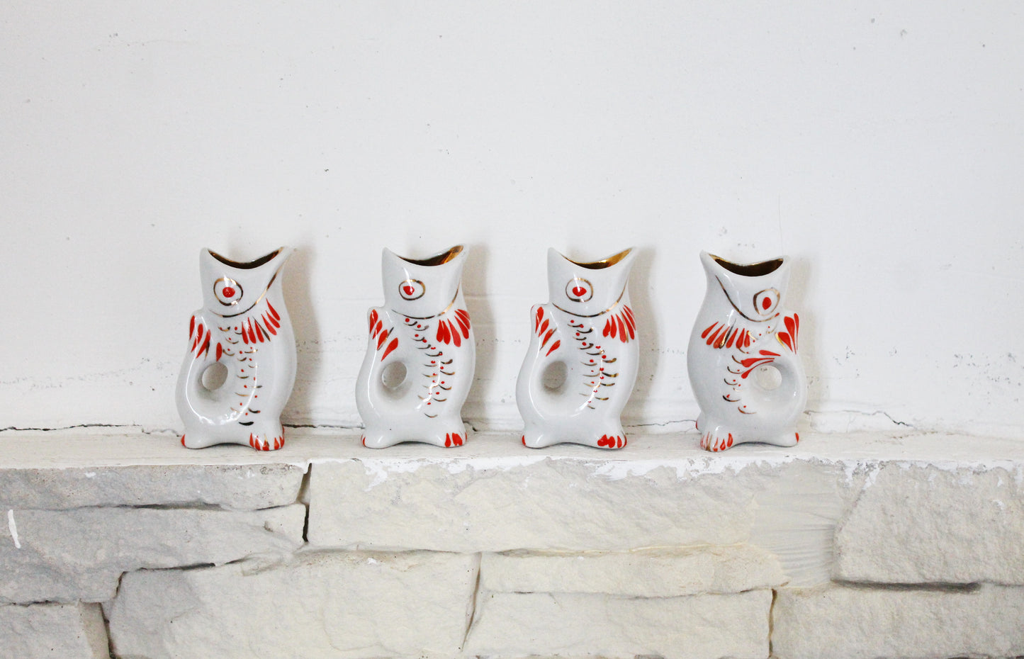 Vintage Ceramic Drinking Set of 4 small fishes - The family of carp - White and Red - 1970s - from USSR / Soviet Union / Soviet Ukraine