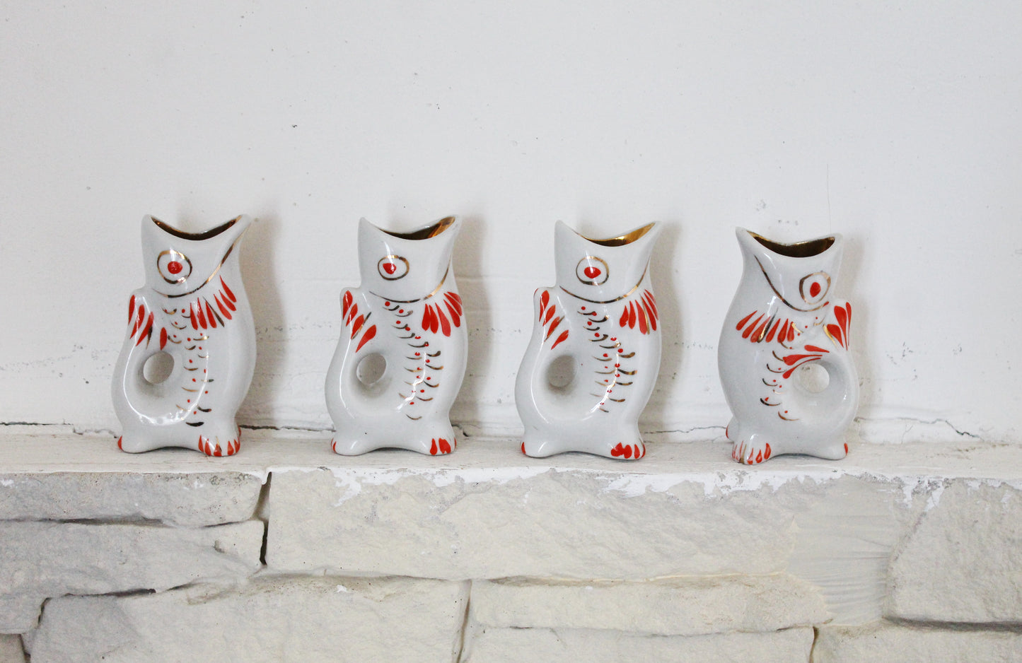 Vintage Ceramic Drinking Set of 4 small fishes - The family of carp - White and Red - 1970s - from USSR / Soviet Union / Soviet Ukraine