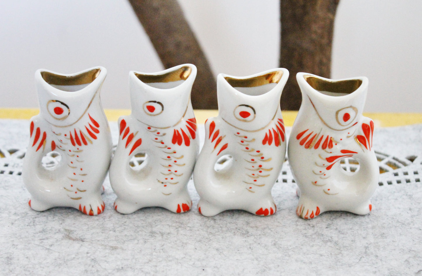 Vintage Ceramic Drinking Set of 4 small fishes - The family of carp - White and Red - 1970s - from USSR / Soviet Union / Soviet Ukraine