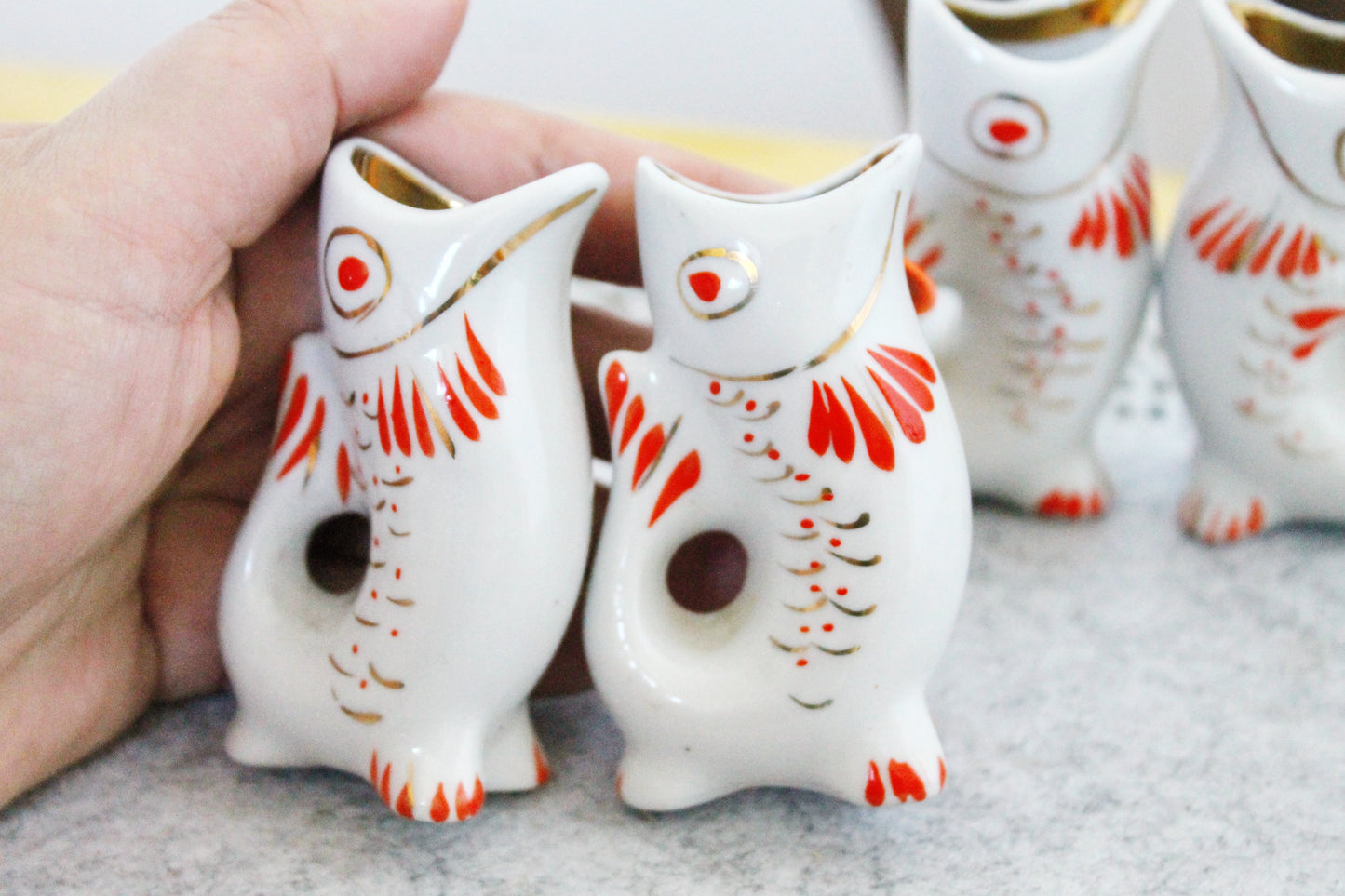 Vintage Ceramic Drinking Set of 4 small fishes - The family of carp - White and Red - 1970s - from USSR / Soviet Union / Soviet Ukraine