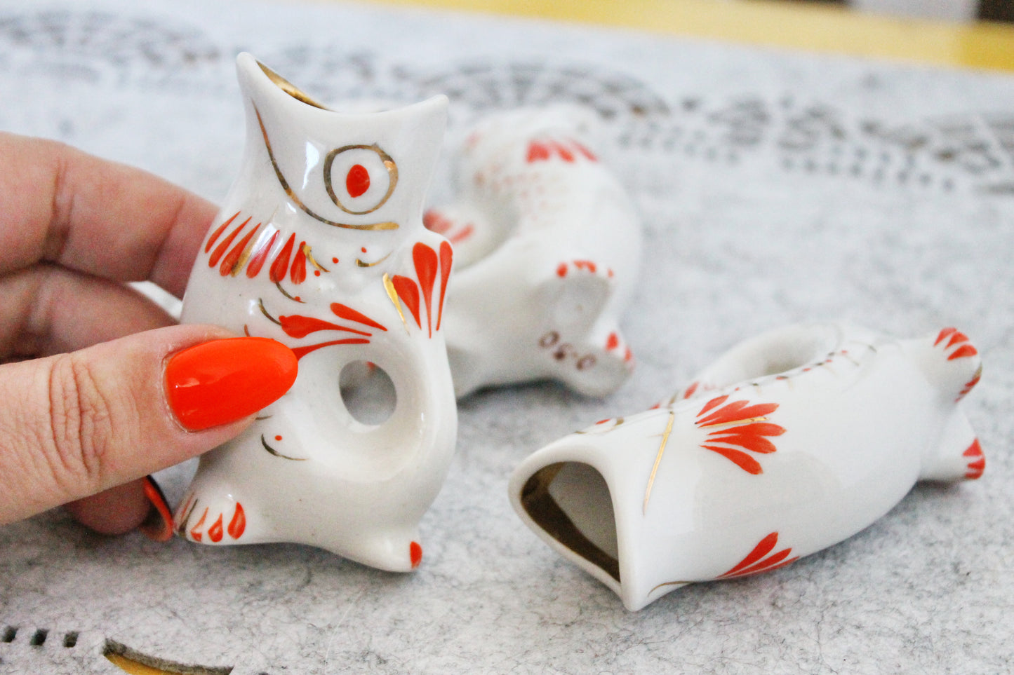 Vintage Ceramic Drinking Set of 4 small fishes - The family of carp - White and Red - 1970s - from USSR / Soviet Union / Soviet Ukraine