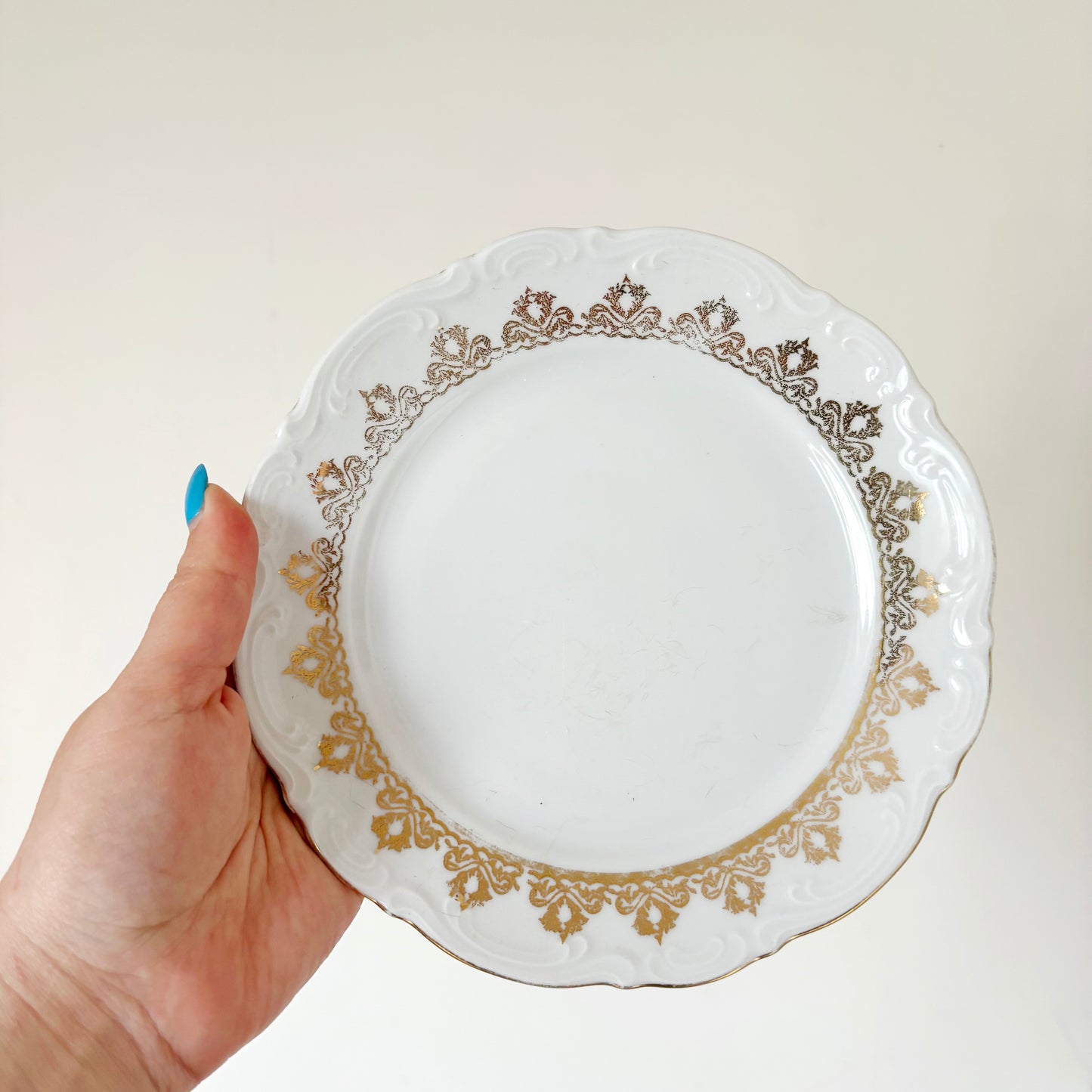 Vintage Mitterteich Bavaria Porcelain Dessert Plate, German Gold Trim China, Mid Century Tableware, White Relief Dinnerware