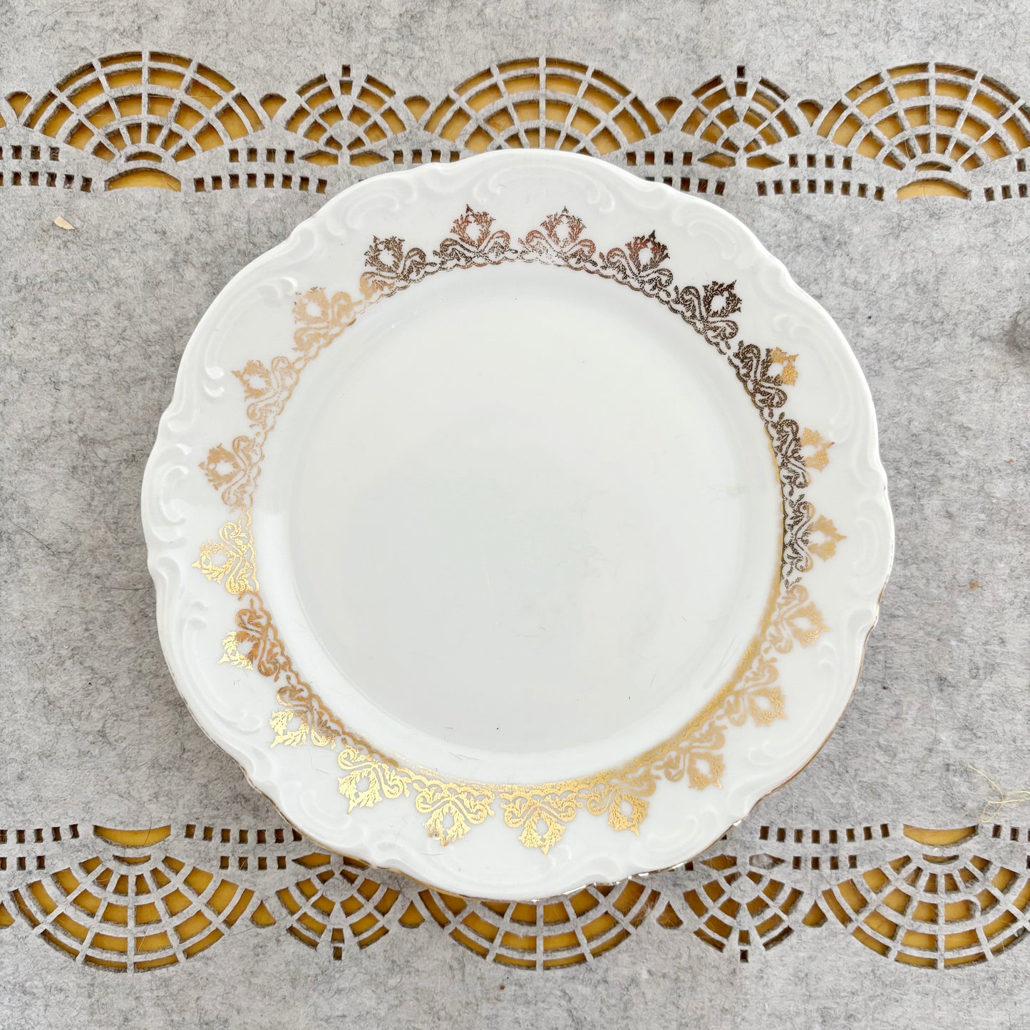 Vintage Mitterteich Bavaria Porcelain Dessert Plate, German Gold Trim China, Mid Century Tableware, White Relief Dinnerware