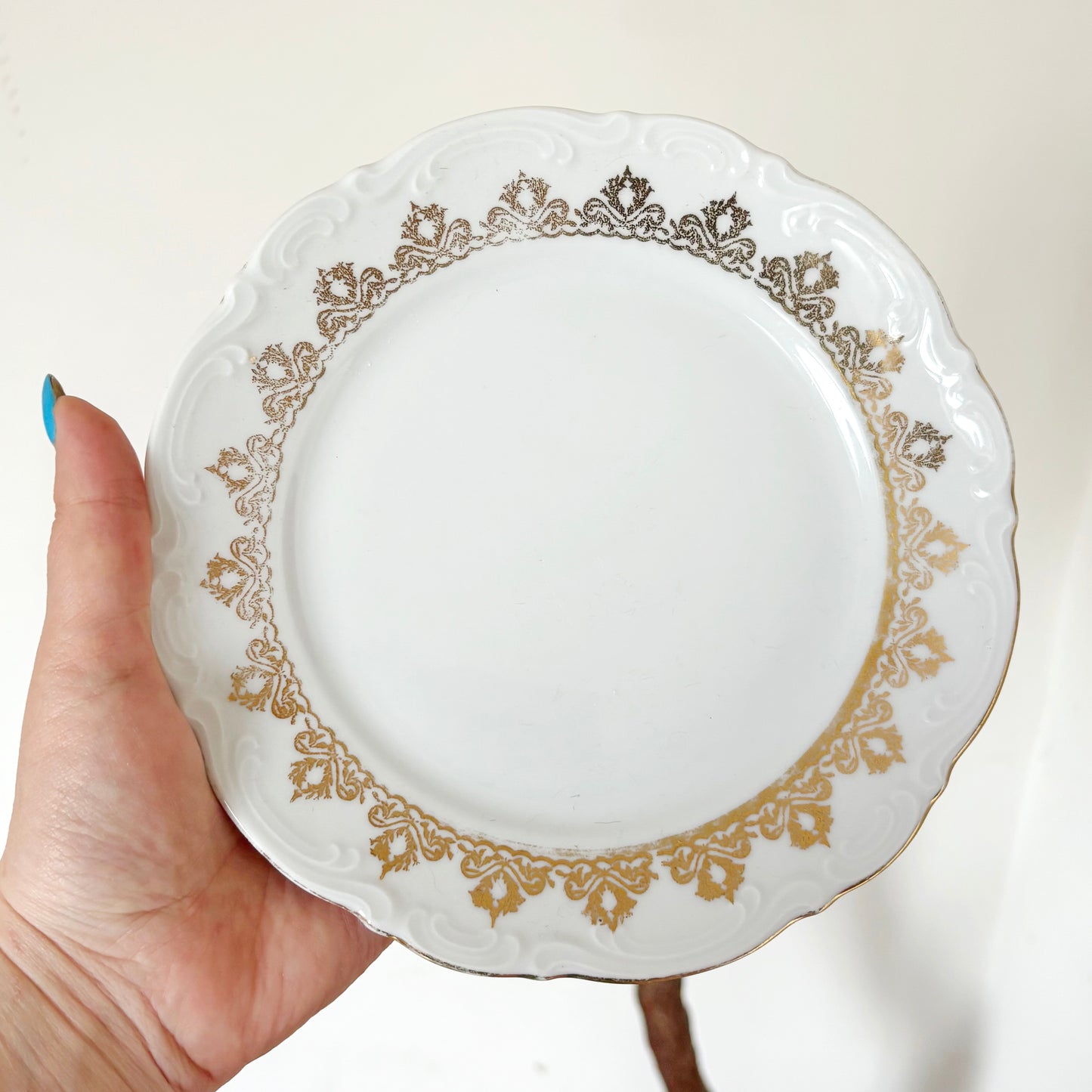 Vintage Mitterteich Bavaria Porcelain Dessert Plate, German Gold Trim China, Mid Century Tableware, White Relief Dinnerware