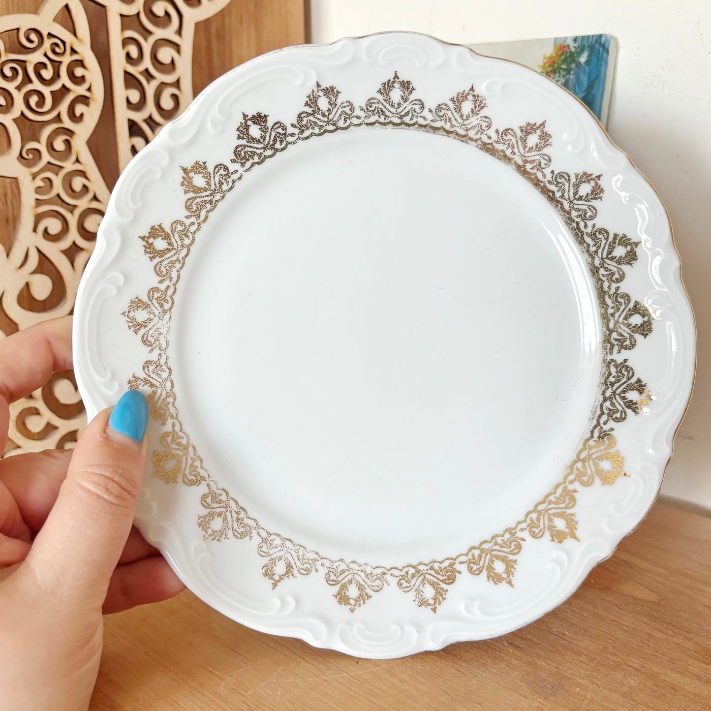 Vintage Mitterteich Bavaria Porcelain Dessert Plate, German Gold Trim China, Mid Century Tableware, White Relief Dinnerware