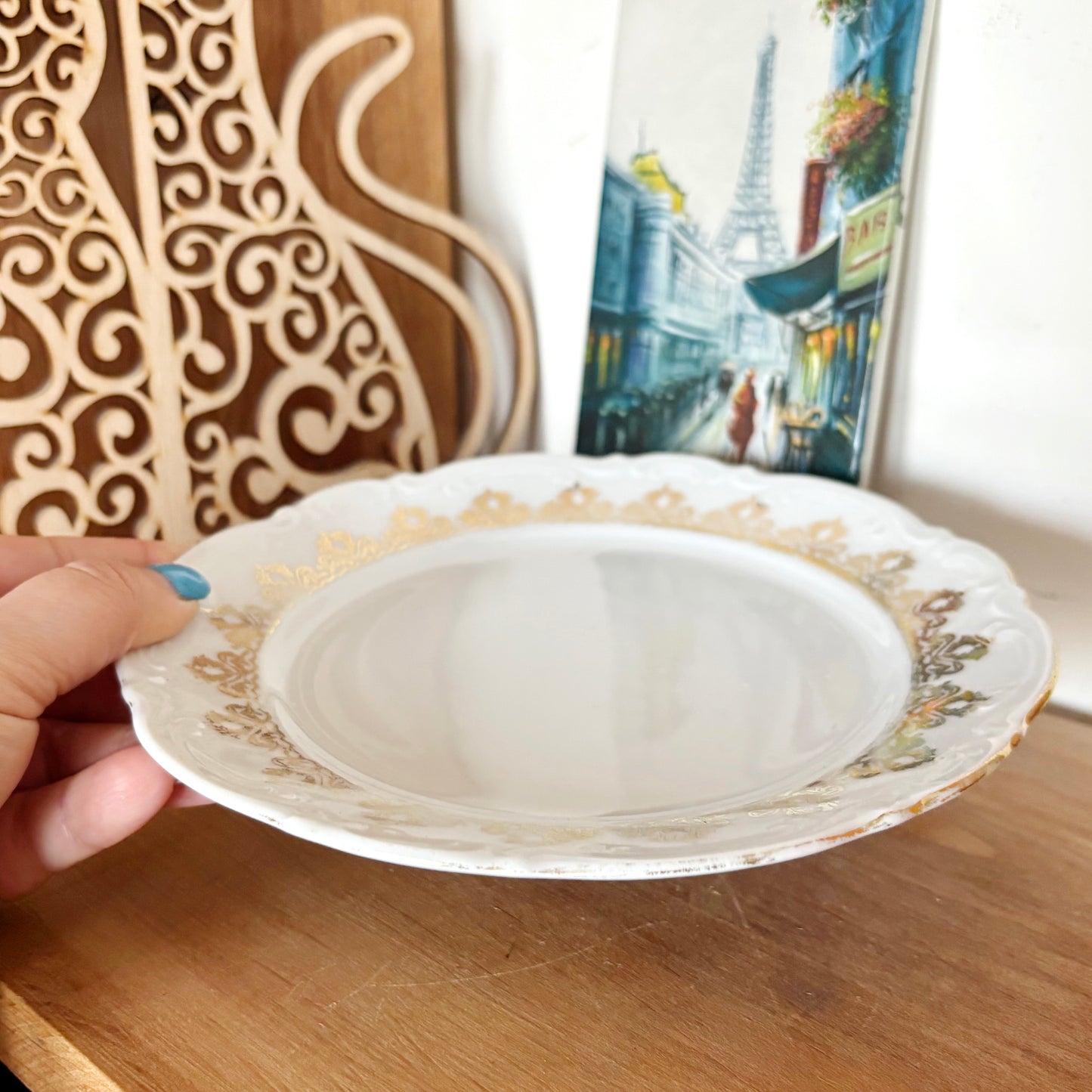 Vintage Mitterteich Bavaria Porcelain Dessert Plate, German Gold Trim China, Mid Century Tableware, White Relief Dinnerware