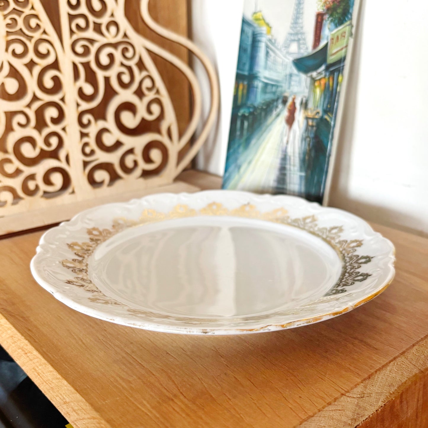 Vintage Mitterteich Bavaria Porcelain Dessert Plate, German Gold Trim China, Mid Century Tableware, White Relief Dinnerware