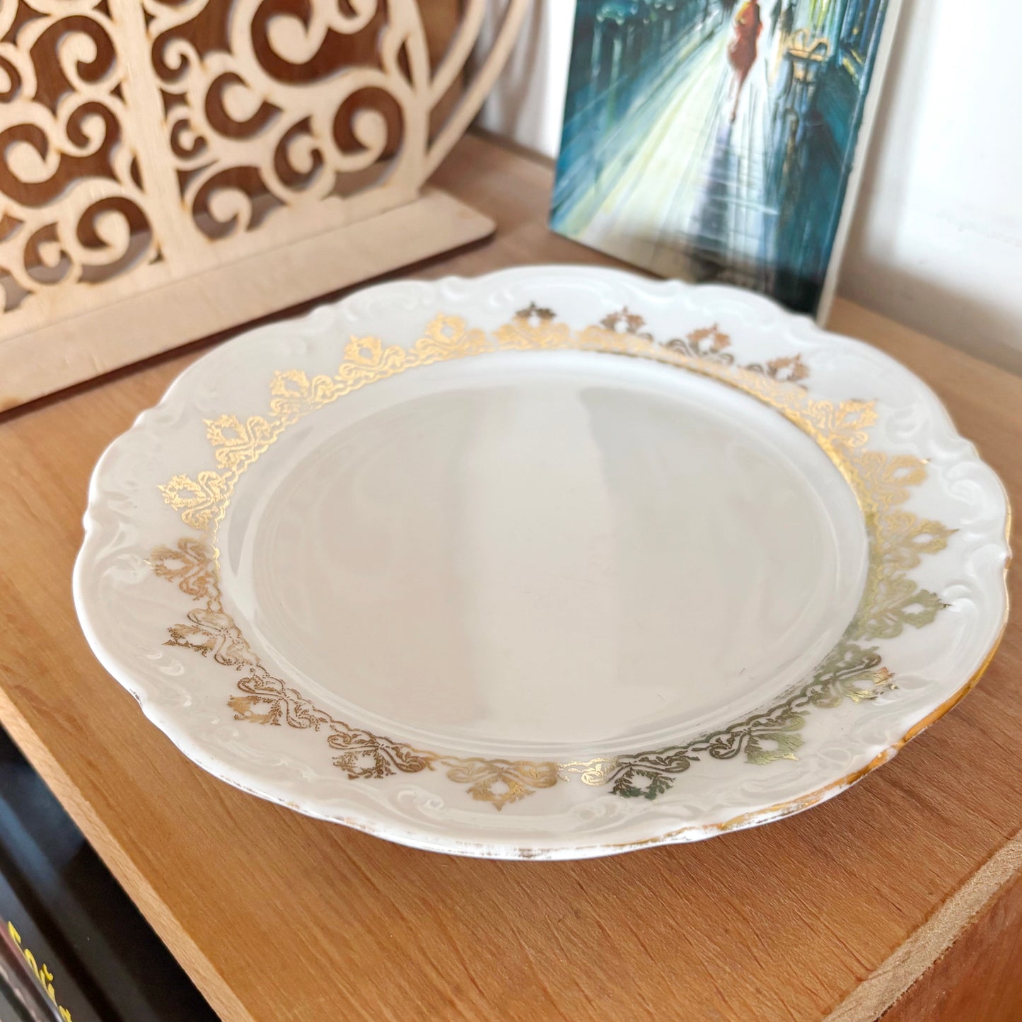 Vintage Mitterteich Bavaria Porcelain Dessert Plate, German Gold Trim China, Mid Century Tableware, White Relief Dinnerware