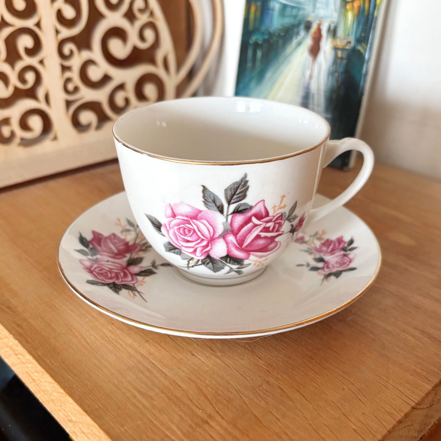 Vintage Tientsin China Tea Cup and Saucer, Pink Rose Porcelain Teacup, Tianjin China, Gold Trim Tea Set, Floral China