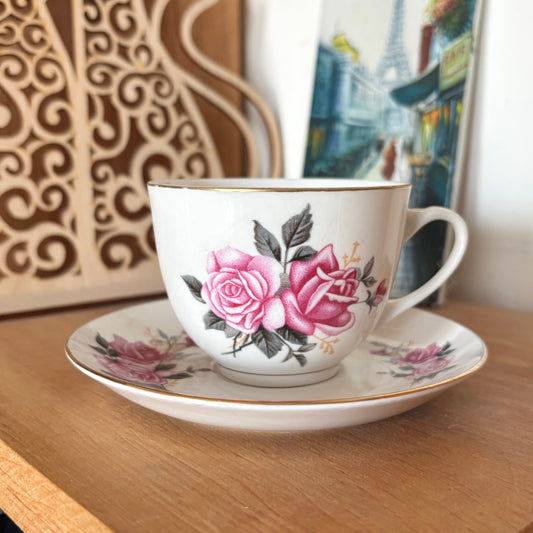 Vintage Tientsin China Tea Cup and Saucer, Pink Rose Porcelain Teacup, Tianjin China, Gold Trim Tea Set, Floral China